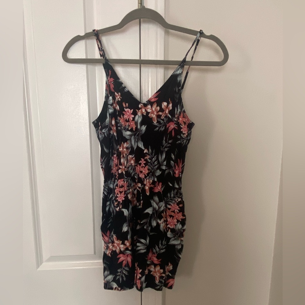 H&M Black Romper with Pink Floral Pattern/pockets